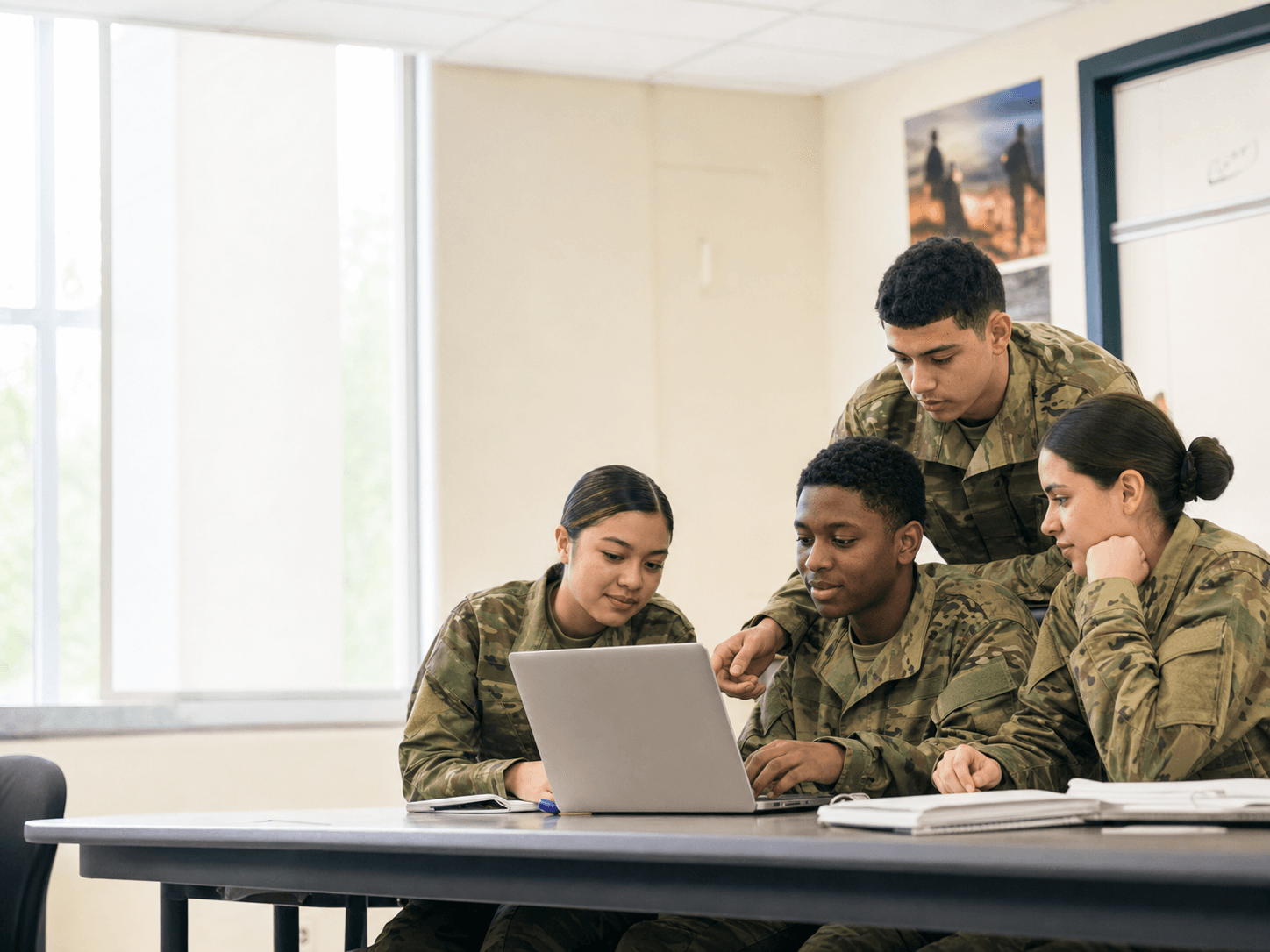 Army JROTC cadets collaborating in a classroom