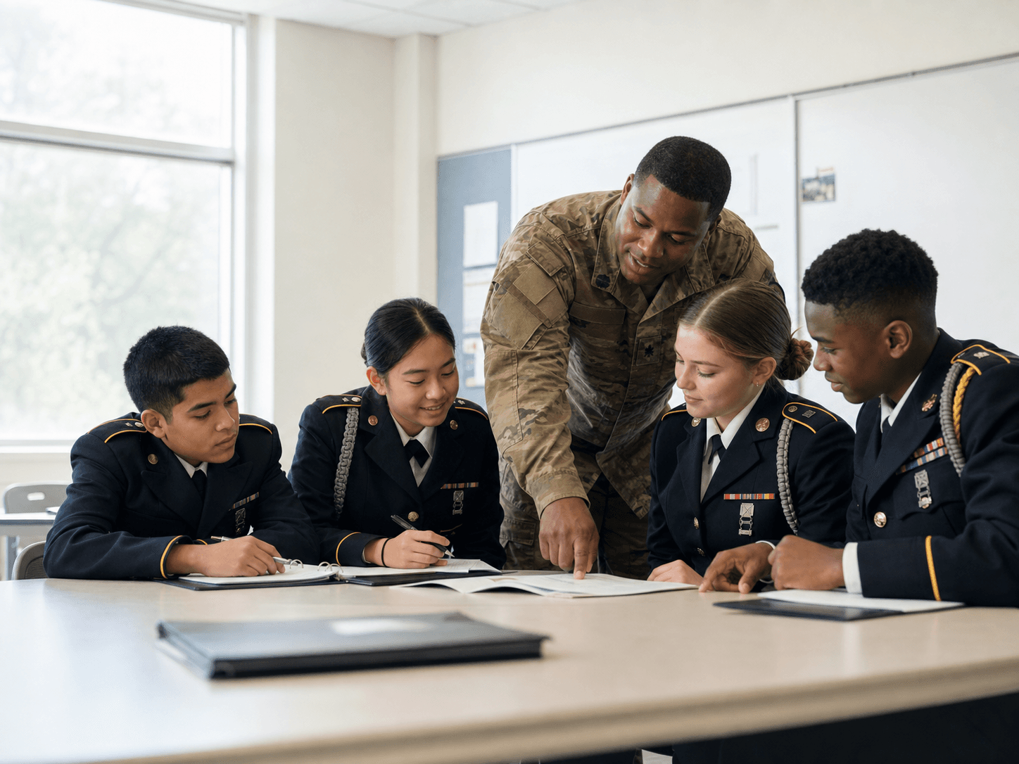 Army JROTC instructor mentoring cadets in a classroom