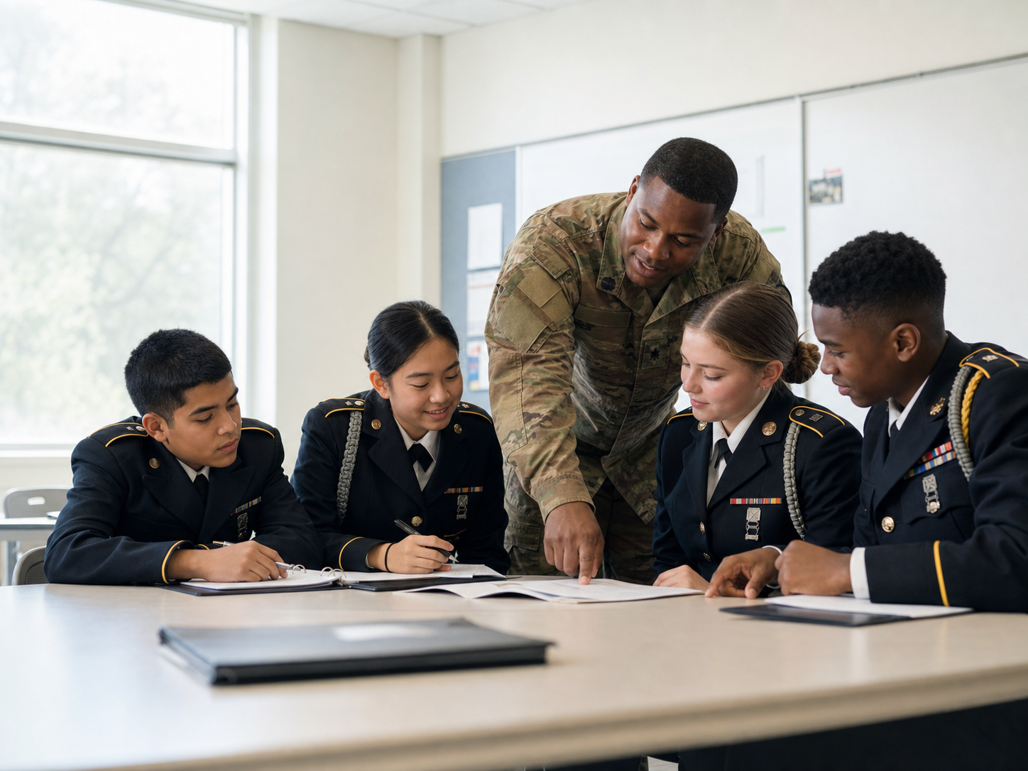 Army JROTC instructor mentoring cadets in a classroom
