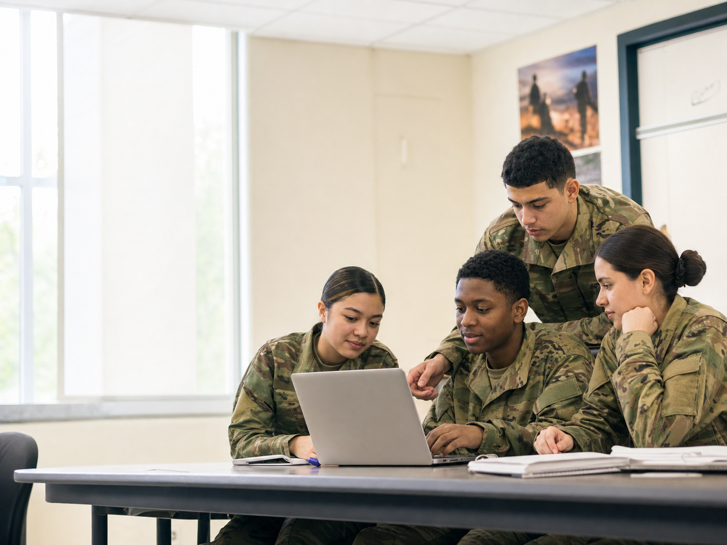 Army JROTC cadets collaborating in a classroom